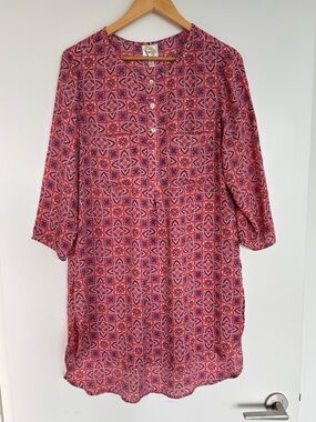 Fig and Flower 21” PTP Patterned Button-Front Tunic Top, Pink/Purple, Size Large